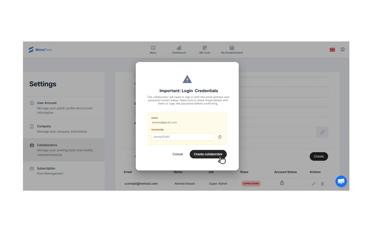 Copy collaborator credentials before clicking Create